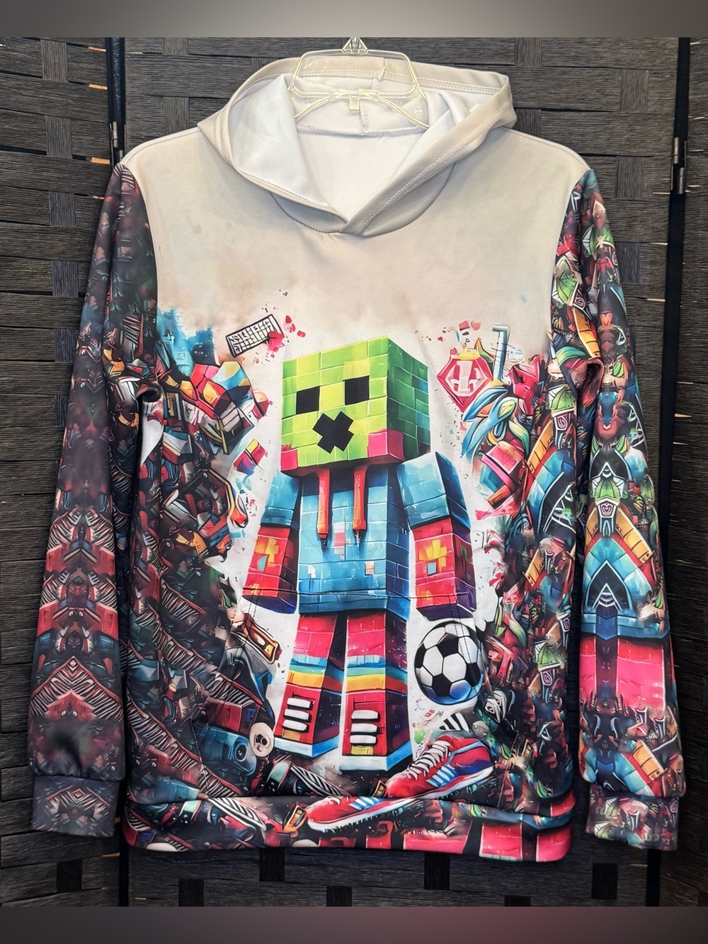 Colorful Minecraft themed Kids 3D print pullover hoodie with Soccer Graphic